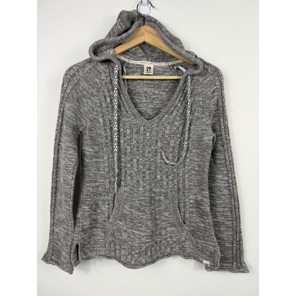 Roxy Hooded Knit Pullover Sweater Gray Space Dye Kangaroo Pocket Women Medium